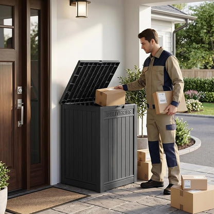 55 Gallon Outdoor Package Delivery Box Waterproof with Lockable, Weatherproof Secure Parcel Drop Box for Porch, Resin Outside Storage Boxes Black