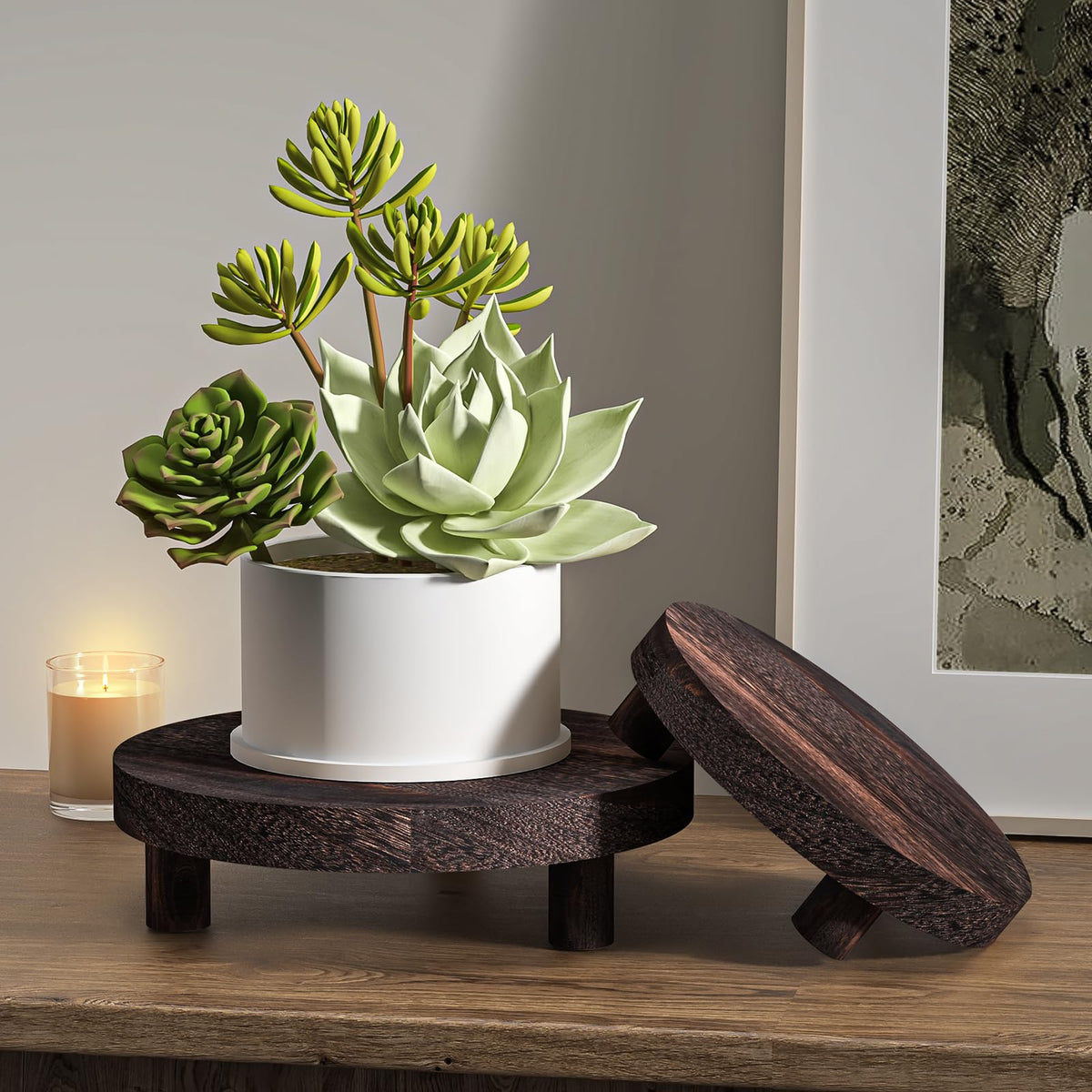 Wood Plant Stand Indoor Outdoor, 12/10/8/6" Round Wood Riser for Decor, Wooden Stool Display Stand Flower Pot Holder Small Planter Tray Modern Potter Decorative for Desktop Counter Room