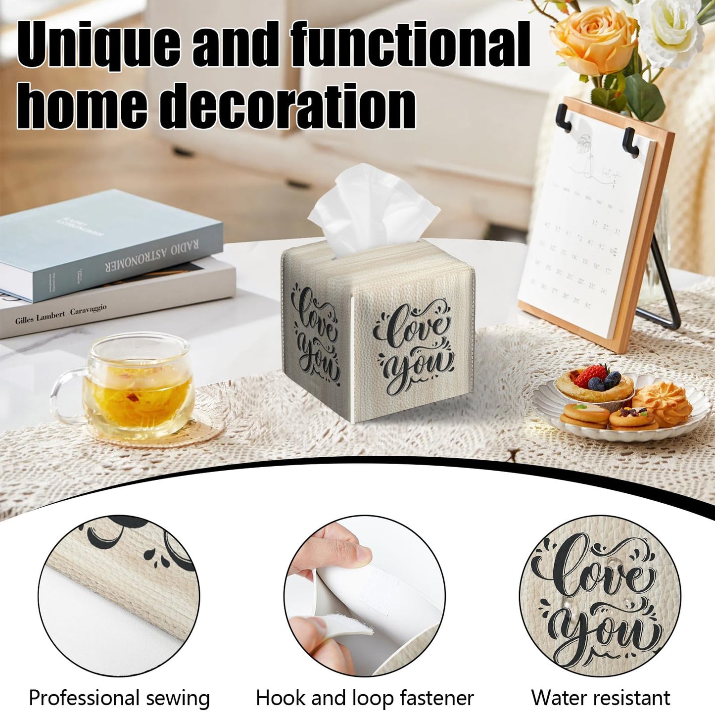 2 Pack Love You Tissue Box Cover Square Wooden Board Texture PU Leather Tissue Box Holder Waterproof Facial Paper Organizer Dispenser for Bathroom Kitchen Home Office Car