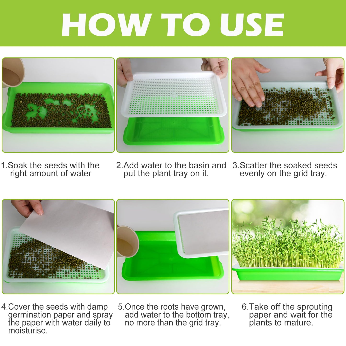 EBaokuup 10Pcs Seed Sprouter Tray with Drain Holes - BPA Free Seed Garden Plant Germination Propagation Trays, Soil-Free Wheatgrass Tray Sprouter Microgreens Growing Kit with Germinating Paper