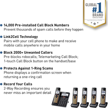 Panasonic Cordless Phone with Advanced Call Block, Link2Cell Bluetooth, One-Ring Scam Alert, and 2-Way Recording, Answering Machine, 5 Handsets - KX-TGF975B (Black/Silver Trim)