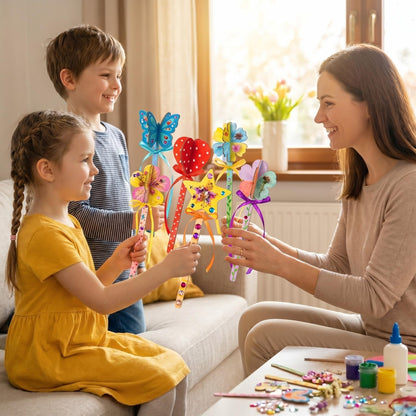 DoubleFill 16 Set DIY Wood Flowers Plant Stakes 3D Paintable Wooden Butterfly Cutouts Spring Flower Pot Unfinished Wood Ornament Fairy Wands Crafts for Painting Gift