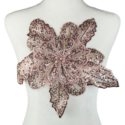 Carytalee 1 PC 3D Lace Sequin Beaded Flower Sew on Embroidered Lace Applique Trim DIY Sewing Patch Wedding Dress Applique Decoration, Champagne Pink, 11.8 x 11 Inch