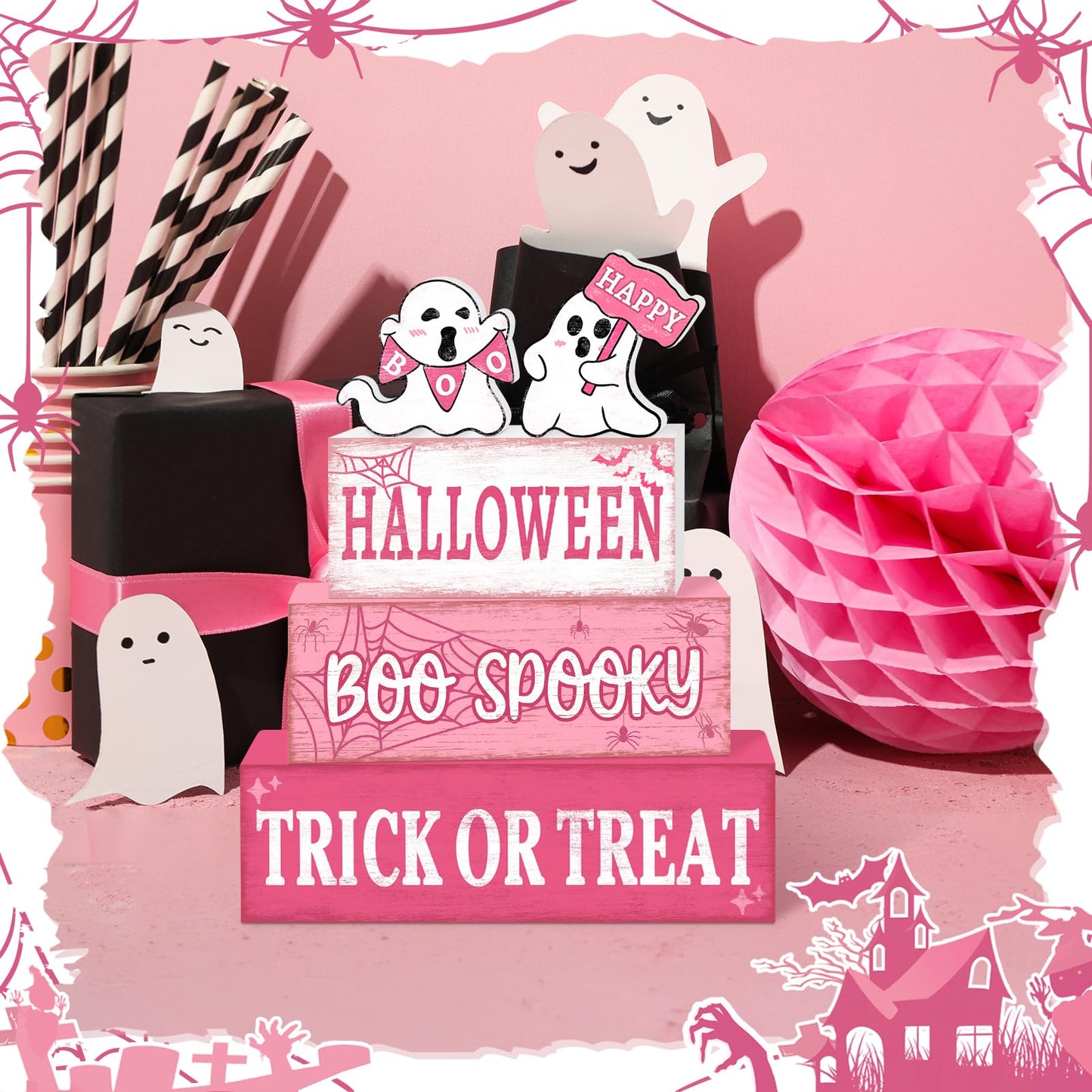 4 Pcs Pink Halloween Decor Indoor Wooden Tiered Tray Decorations, Pink Ghost Halloween Table Decor Farmhouse Tabletop Centerpieces for Farmhouse Home Kitchen Mantel Office