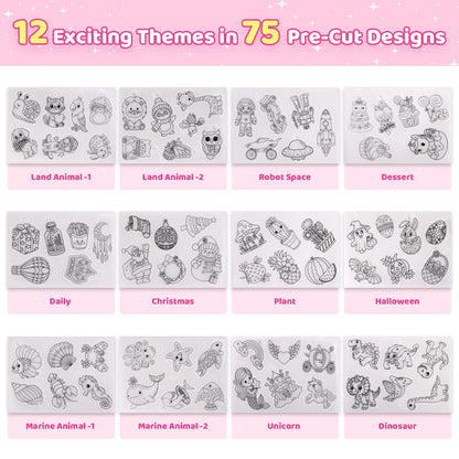 201pcs Shrink Paper Keychain Kit, 24 Blank & 12 Pre-Cut Sheets (75 Patterns) Crafts Kits for Kids Adults, Shrinking Art Activity Set with Hole Punch & Keychain Jewelry Accessories for DIY Crafts