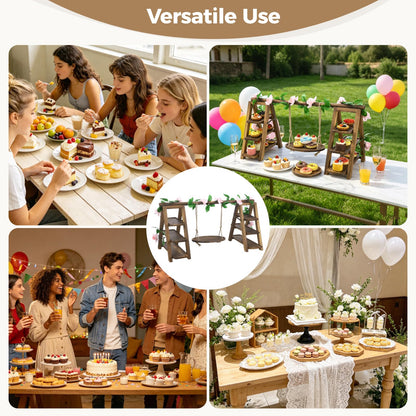 ZALIR Wooden Dessert Table Display Set with Swing and Flower Vine, Multi-Tiered A-Frame Foldable Food Cupcake Display Stand, 32 x 7.9 x 15.7 x 13.8 in for Parties, Weddings, Buffets, Easy Assembly