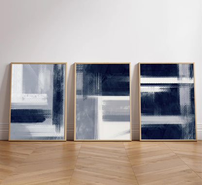 Wavkkey 3Pcs Navy Blue Abstract Wall Art Blue Grey Neutral Modern Geometric Abstract Painting Poster Wall Decor Canvas Print Artwork for Living Room Bedroom Office Home Decoration Unframed