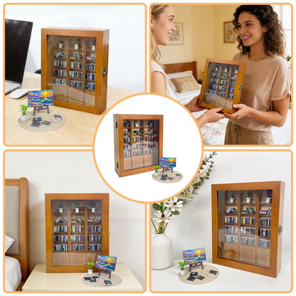 KALOPEZY Mini Bookshelf for Desk with 260 Tiny Books, DIY Anxiety Relief Wooden Book Nook Kit with Side Door, Acrylic Display Case with Easel Plant Rug, Stress Relief Decor Gift for Book Lovers Women
