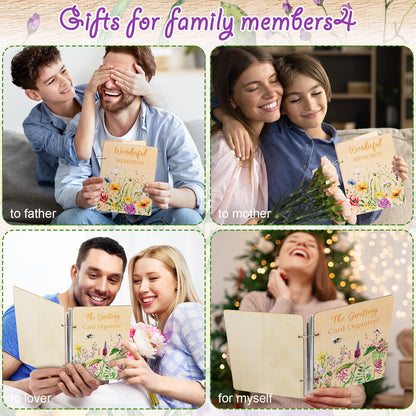Suzile 2 Packs 9x6.5 Inch Greeting Card Organizer Book Wood Floral Card Organizer Album Binder, Keepsake Storage Holder Gift for Wedding Anniversary Mother's Day Holiday Memory Photo Collection