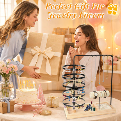 5-Tier Rotating Jewelry Organizer,Earring Holder Tree with Necklace Hooks, Bracelet Holder & Wooden Base, Multi-Functional Jewelry Stand for Women (Earring Rack, Necklace Organizer, Jewelry Tower)