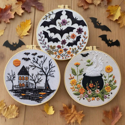 4 Set Halloween Embroidery Kit, Halloween Crafts for Adults, DIY Cross Stitch Craft Kit, with Needles and Thread Included (# A)
