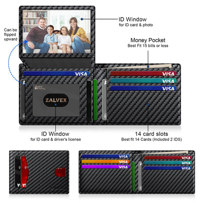 Wallet for Men Slim RFID Blocking Leather Credit Card Holder Wallet for 14 Cards, Bifold Minimalist Thin Wallet with 2 ID Windows & Cash Slot, Front Pockt Carteras Para Hombres, Birthday Gifts for Men
