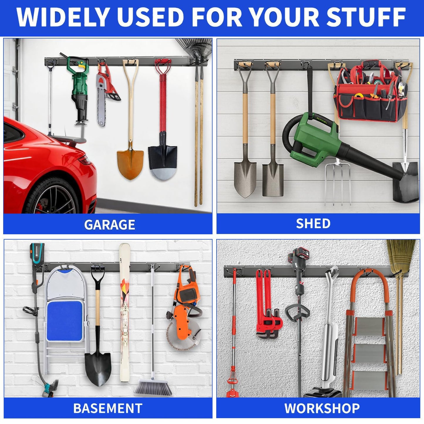 CRXCRC Shed Tool Organizer Wall Mount, 64inch Heavy Duty Garden Tool organizer Storage System, Easy Install With 10 Adjustable Hooks, For Garage, Basement, Shed, Workshop(Black)