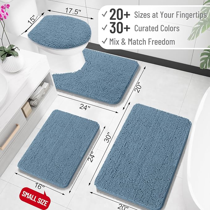 OLANLY Toilet Rugs U-Shaped 24x24, Extra Soft Absorbent Chenille Contour Bathroom Rugs for Toilet, Dry Quickly, Machine Washable, Non-Slip Bath Mat, Airy Blue