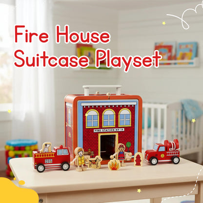 Jack Rabbit Creations Fire House Suitcase Playset - Wooden Fire Station Playset, 15 Pieces - Ages 3+
