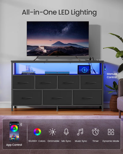SONGMICS BELLAH Collection - Dresser for Bedroom with App-Controlled LED Lights and Charging Station, Chest of Drawers, TV Stand, 7 Drawers, Shelf, Modern, Ink Black ULGS733BH02S