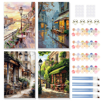 HEIBAGO 4 Pack Framed Paint by Numbers Kit for Adults Beginner, Adult Paint by Number Kits Street Cafe, DIY Paint by Numbers for Adults,Small Easy Acrylic Oil Painting for Wall Decor 8x12 Inch