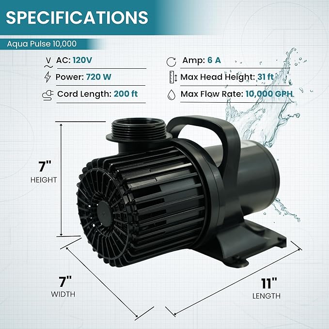 HALF OFF PONDS Submersible Water Pump, 10,000 GPH Pond Pump with 200FT Power Cord and 31FT Max Head, 720W Ultra Quiet Energy Efficient Pump for Koi Pond, Fountain, Waterfall, Water Garden, Skimmer