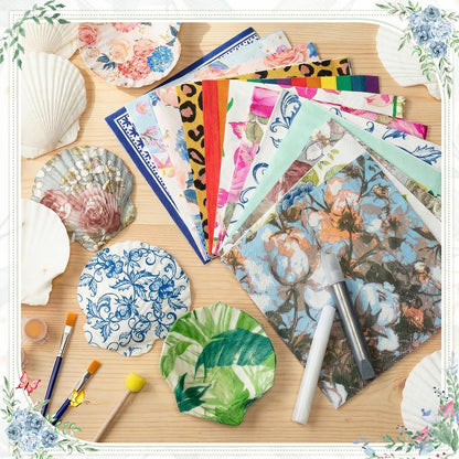 Crtiin 48 Pcs Decoupage Kits, 18 Pcs 4'' White Scallop Shells, 24 x Assorted Decoupage Paper Napkins with Glue Paint Strips Pigments and Paint Brushes for Home Decor Ornaments DIY Arts Crafts (Fun)