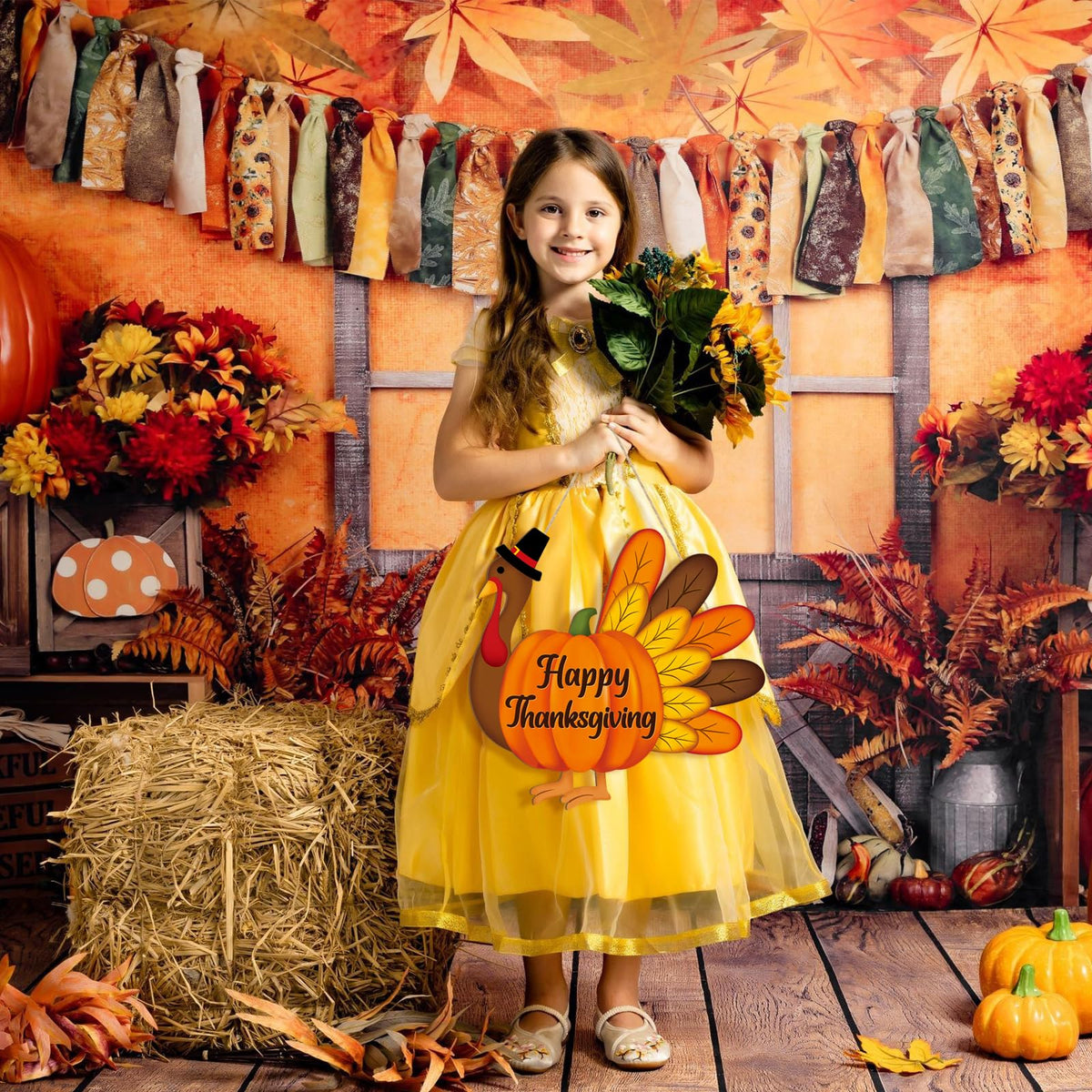 Thanksgiving Decoration Wooden Turkey Pumpkin Door Wreath for Front Door Sign Wall Signs, Thankful Blessed Grateful Pumpkin Sign Hanging for Fall Autumn Harvest Home Halloween Decoration