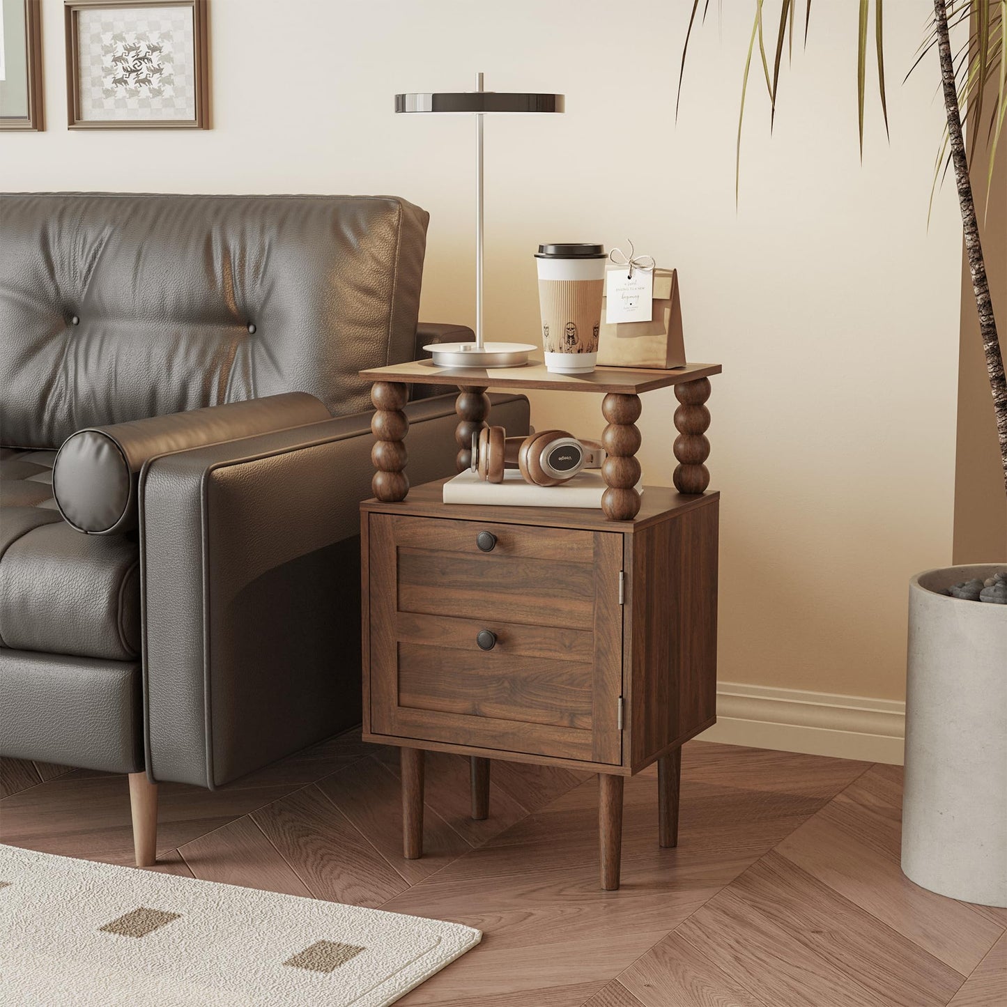 Veegle Nightstand,Modern Bedside Table with Storage Drawer and Open Wood Shelf, for Bedroom and Small Spaces,Night Stand with Solid Wood Legs (Walnut Brown)