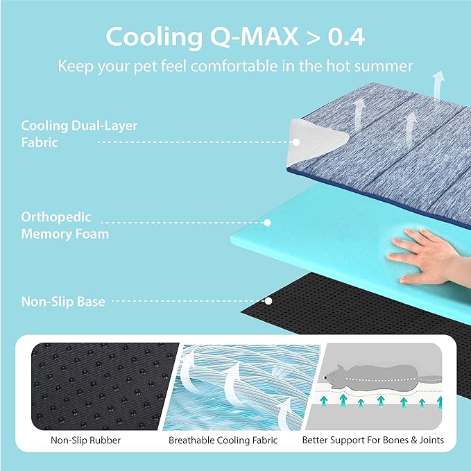 Cooling Dog Bed for Large Dogs - Orthopedic Pet Beds with Memory Foam, QMAX>0.5, Waterproof Removable Washable Cover for Hot Weather, Wander Blue, 35" L x 23" W x 3" H