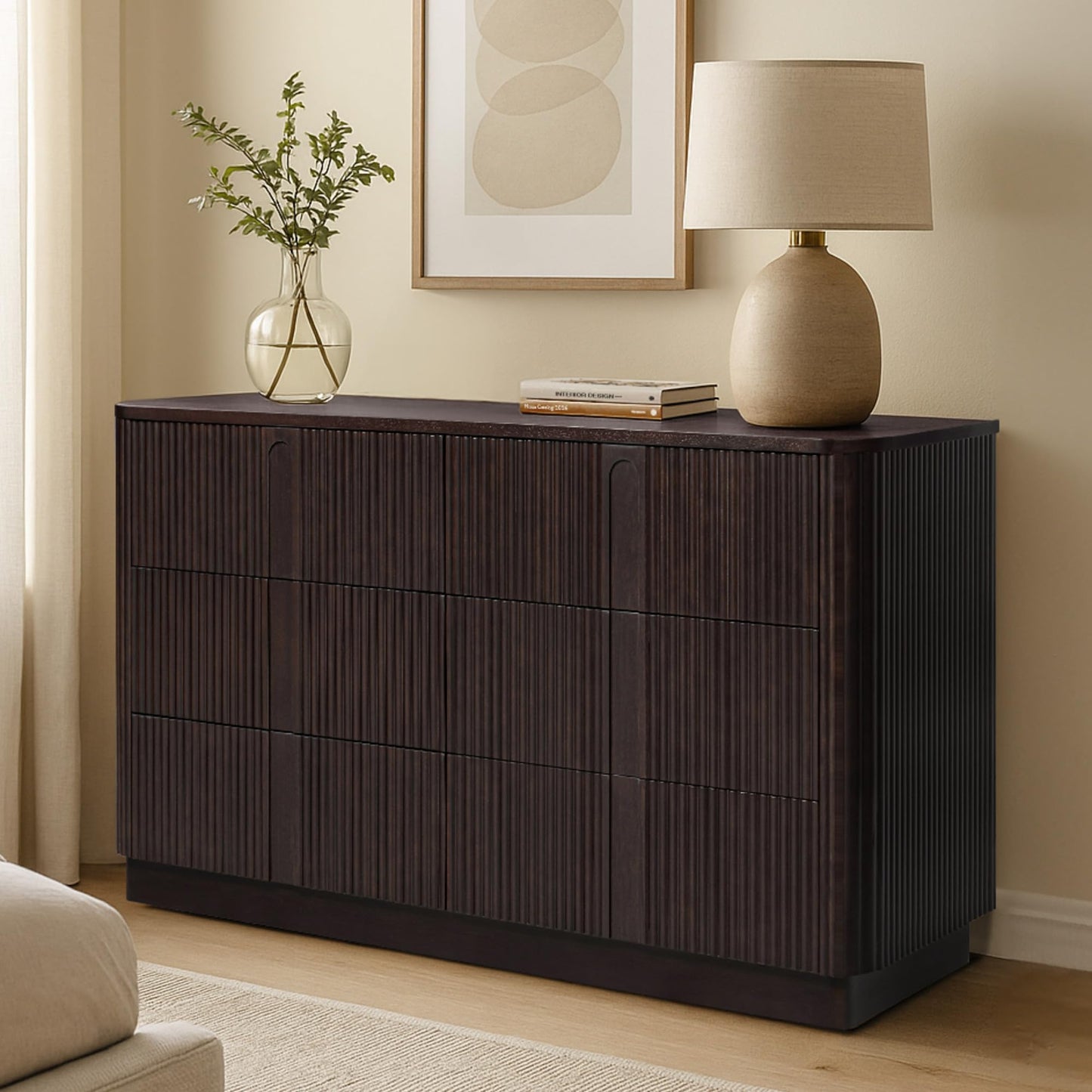 Teamson Home 55'' W Ample Storage 6-Drawer Dresser Push to Open Modern Scandinavian with Rounded Edges and Reeding Pattern Bedroom Furniture Clothing Chest in Warm Espresso Finish