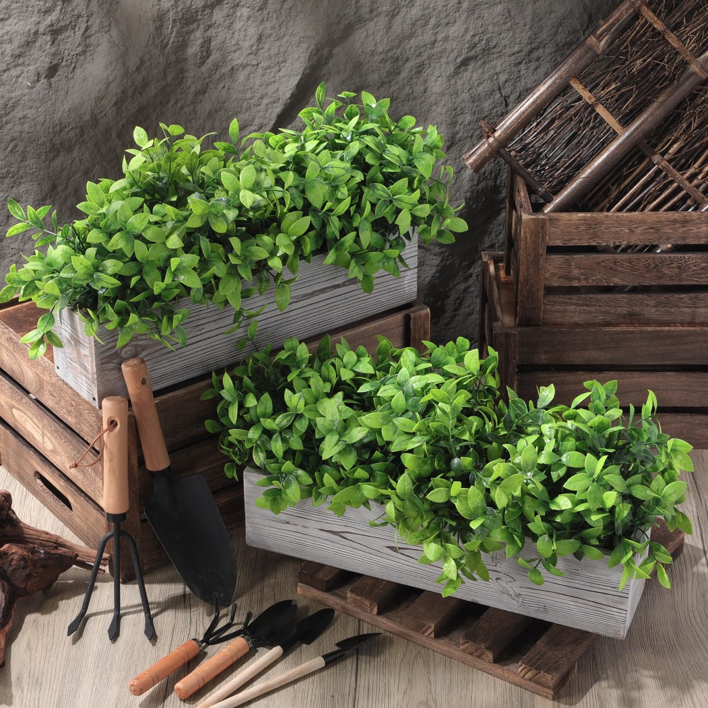 Lyrow 2 Pack Artificial Eucalyptus Plants in Rectangular Rustic Wooden Planter Box Faux Potted Herb Plant Greenery Centerpiece for Cabinet Windowsill Table Shelf Wedding Farmhouse Decor (White,16 '')