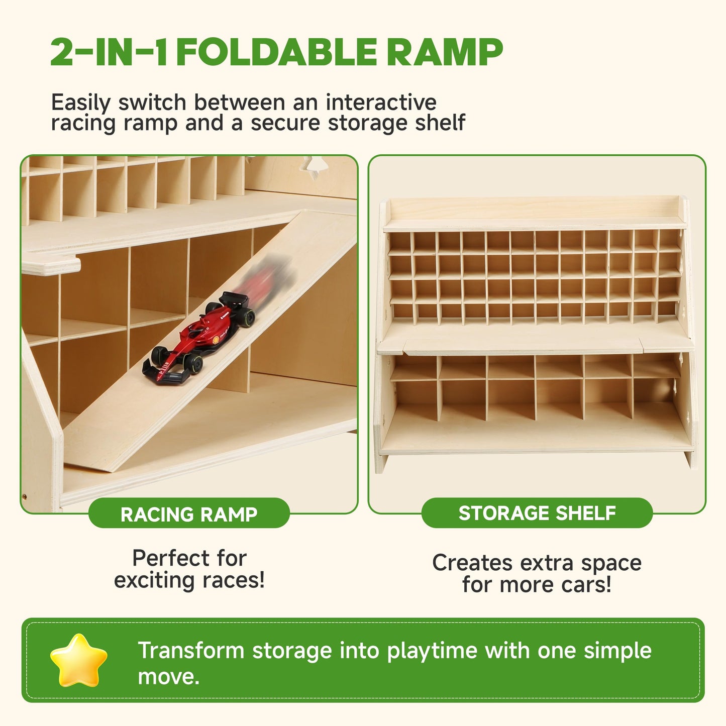 Essenhome Wooden Toy Car Garage Storage Organizer - 70+ Car Display Shelf with Foldable Racing Ramp, Dual-Layer Storage for Large Trucks & Small Cars, High-Density Plywood Nursery Furniture for Kids