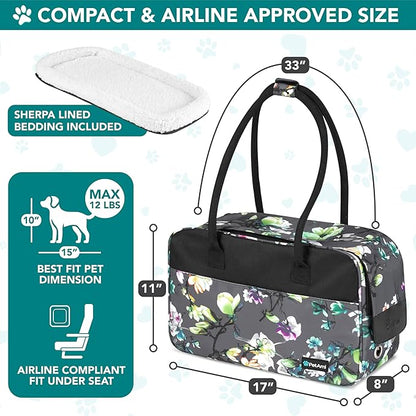 PetAmi Dog Purse Carrier for Small Dogs, Airline Approved Soft Sided Pet Carrier with Pockets, Ventilated Dog Carrying Bag for Puppy Cat, Dog Travel Supplies Bag, Sherpa Bed, Max 12 lbs, Floral Gray