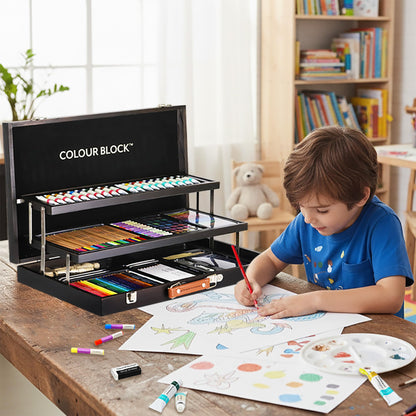 COLOUR BLOCK 181-Piece Mixed Media Art Set in Wooden Case for Drawing Sketching Painting, Soft Oil Pastels, Acrylic Watercolor Paints, Pencils, Art Supplies Kit for Artists, Professional, Adults, Beginner