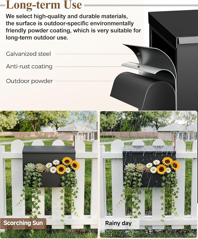 Wall-Mount Mailbox for Outside, Large Capacity Rust-Proof Mail Box with Planter & Red Flag Kit, Galvanized Steel Weather-Resistant Post Box for House Outside, 14.2"x8.2"x10.6", Black
