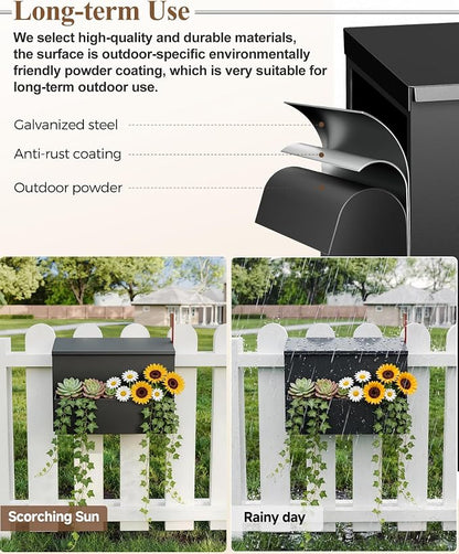 Wall-Mount Mailbox for Outside, Large Capacity Rust-Proof Mail Box with Planter & Red Flag Kit, Galvanized Steel Weather-Resistant Post Box for House Outside, 14.2"x8.2"x10.6", Black