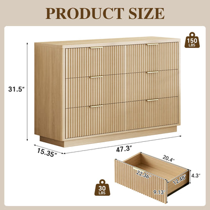 Ball & Cast Fluted Dresser for Bedroom with 6 Drawers,47" W Modern Chest of Drawers with Metal Handles,Wood Dresser TV Stand,Closet Dresser Drawers Organizer for Living Room,Hallway,Natural Oak