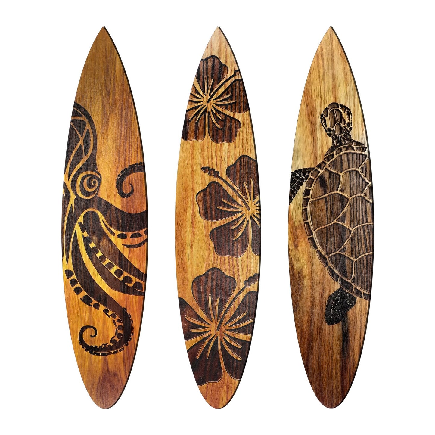 Yousoontic 3 Pcs Surfboard Wall Decor 23.6" x 5.2" Large Wooden Beach Room Surfboard Decor for Wall Summer Turtles Hibiscus Octopus Hawaiian Tropical Sign for Home Bedroom Party