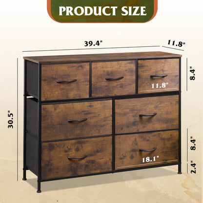 WLIVE 7 Drawer Dresser TV Stand, Entertainment Center, Media Console Table with Metal Frame and Wood Top for TV up to 45 inch, Chest of Drawers for Bedroom, Living Room, Rustic Brown Wood Grain Print