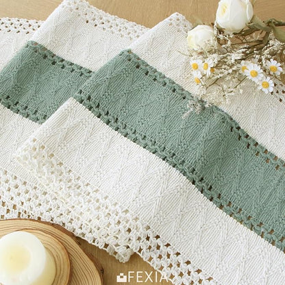 FEXIA Sage Green Table Runner 36 Inches Long with Tassels Boho for Summer Home Decor Rustic Macrame Farmhouse Table Cover for Wedding Party Bohemian Bridal Shower Dining Decorations(12x36 Inches)