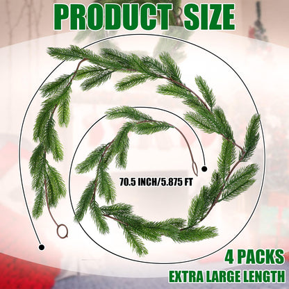 Lyrow Christmas Pine Greenery Garlands Artificial Winter Faux Holiday Season Outdoor Garland for Xmas Home Decorations (4 Pcs,6 ft)