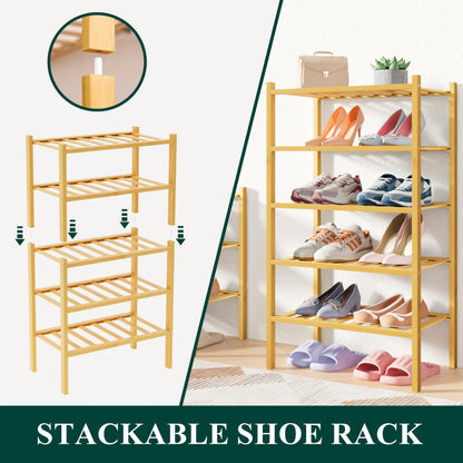 Smiry Bamboo Shoe Rack for Closet, 2 Tier Long Wooden Shoe Organizer, Stackable Wood Shoe Storage Shelf for Entryway, 14 Vertical Slats, One-piece Heavy-Duty Legs, 33.86"x11.02"x12.99", Natural