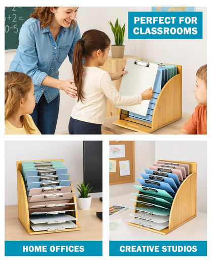 HULISEN 2 Pack Clipboard Holder for Classroom & Office, Wooden Clipboard Storage Organizer with Raised Side Panel & Metal Slots, Wood Clip Board Stand Rack – Clip Board Not Included