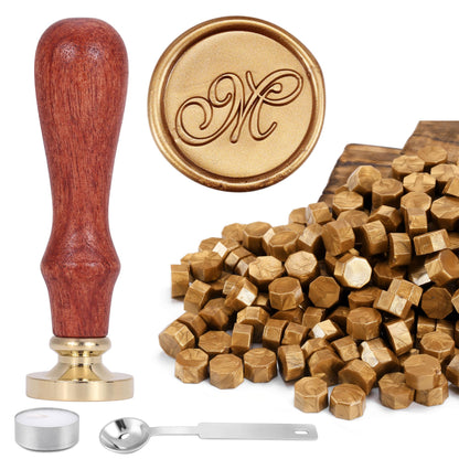 Yoption Wax Seal Kit, Vintage Handwriting Initial Alphabet Stamp with 120 Antique Gold Sealing Wax Beads for Wedding Invitation Gift Envelopes Wrap Christmas Card - Letter M
