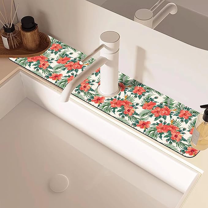 Tropical Leaves and Red Floral Kitchen Sink Splash Guard Mat Absorbent Fast