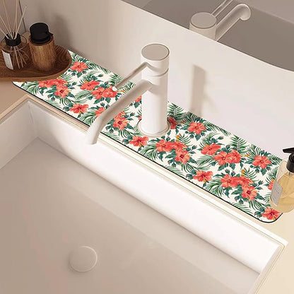 Tropical Leaves and Red Floral Kitchen Sink Splash Guard Mat Absorbent Fast