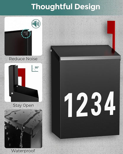 LAND·VOI Wall-Mount Mailbox with One Flag Kit and Three Sets of 0-9 Mailbox Number Stickers, Mailboxes for Outside, Galvanized Steel Rust-Proof Metal Post Box, 3.9" D x 7.1" W x 10.24" H Black AMB05B
