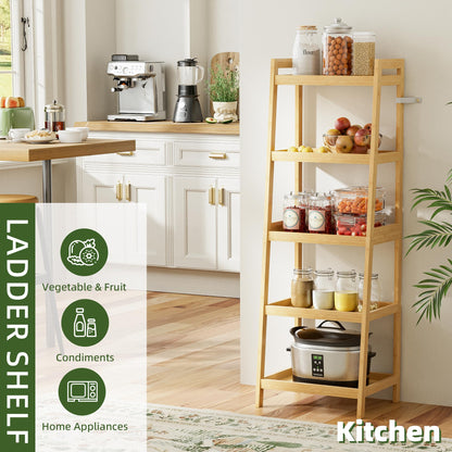 vovala Bookshelf, 5 Tier Ladder Bookcase with Bamboo Frame, Freestanding Tall Narrow Display Plant Shelf for Living Room, Kitchen, Bedroom, Balcony, Natural