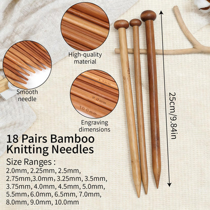 Bamboo Knitting Needles Set - 18 Pairs Wooden Knitting Needles for Beginners Complete Smooth Knitting Kit with Storage Bag (2.0-10.0mm) for Sweater Shawl Scarf DIY Craft
