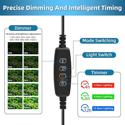 LED Submersible Aquarium Light 6W Underwater Fish Tank Light with Blue White&Blue and White Three Light Modes Timer Automatic On/Off and Dimmer Brightness Adjustable (11inch)