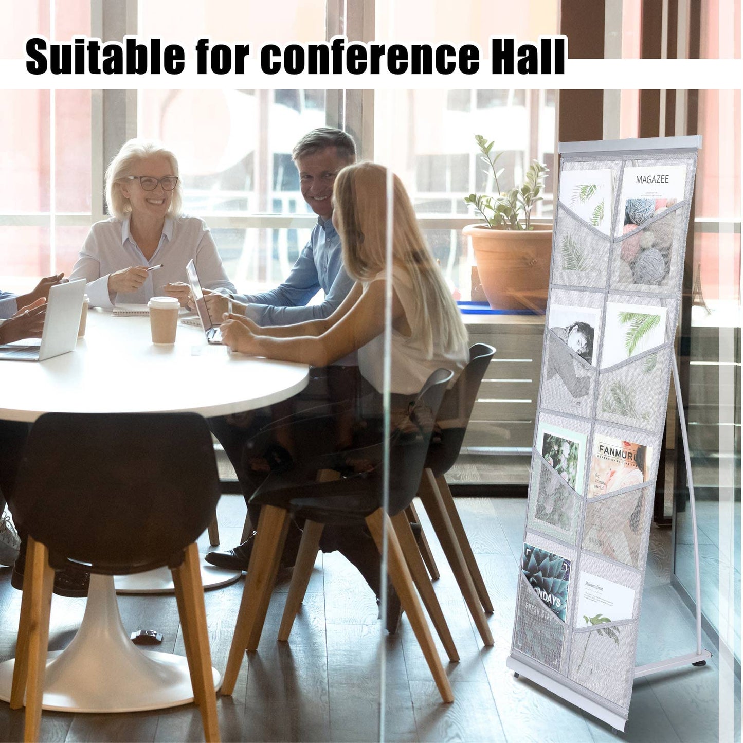 Outus Mesh Literature Brochure Holder with 8 Pocket Portable Magazine Display Roll Up Magazine Rack Lightweight Floor Standing Catalog Office Brochure Display Stand for Business Trade Shows