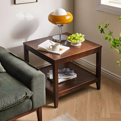 Cttasty Side Table, Solid Wood Square End Table with Storage Shelf, 2-Tier Coffee Table for Living Room, Rubber Wood Small Sofa Table, Nightstand 23.62 H x 23.62 W x 23.62 D Inches (Walnut)