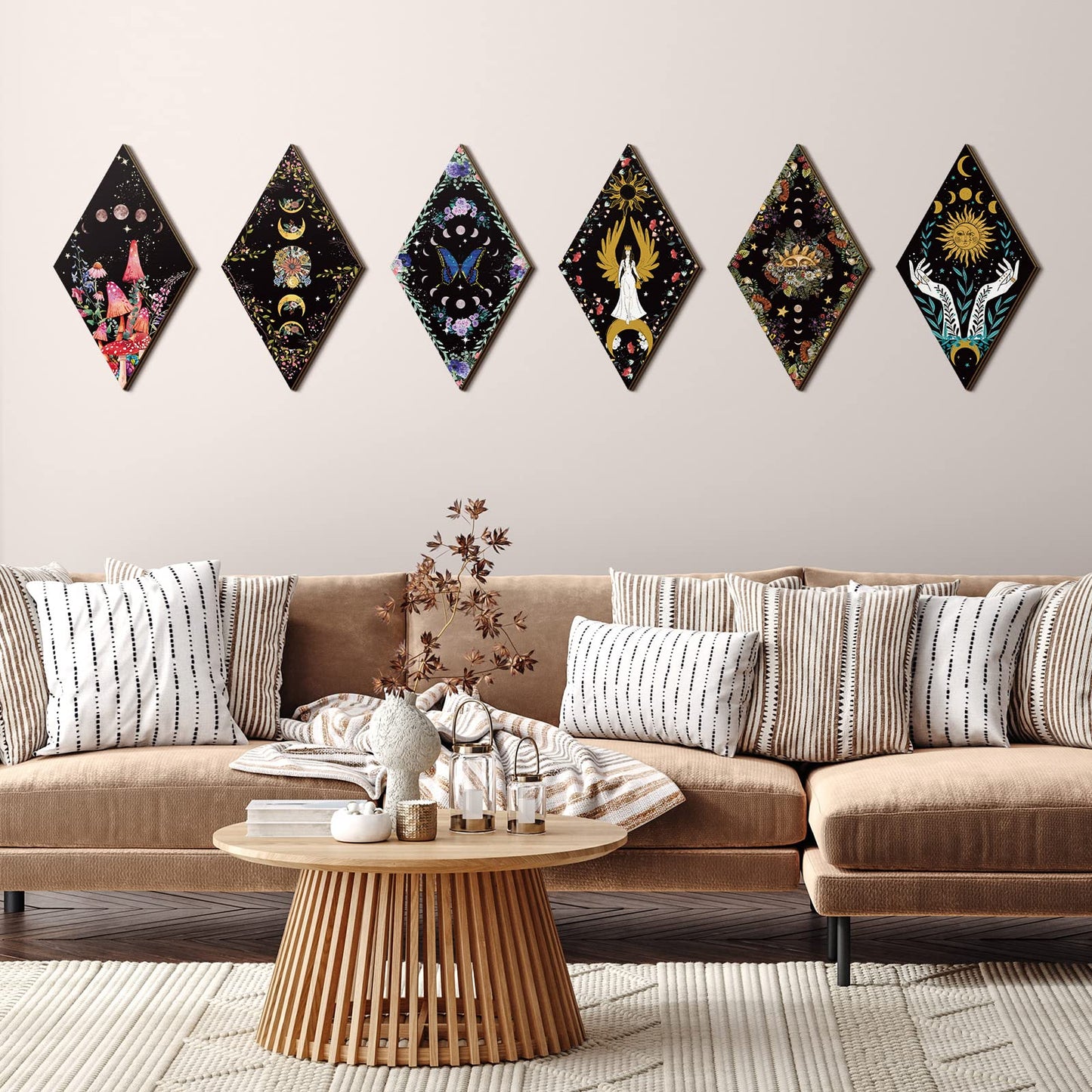 Qunclay 6 Pcs Witchy Gothic Wall Decor, Rustic Boho Moon Phase Sun Mushroom Star Hanging Wooden Ornament for Bedroom Living Room Gallery, Celestial Goth Home Decoration Farmhouse Pediments(Moon Sun)